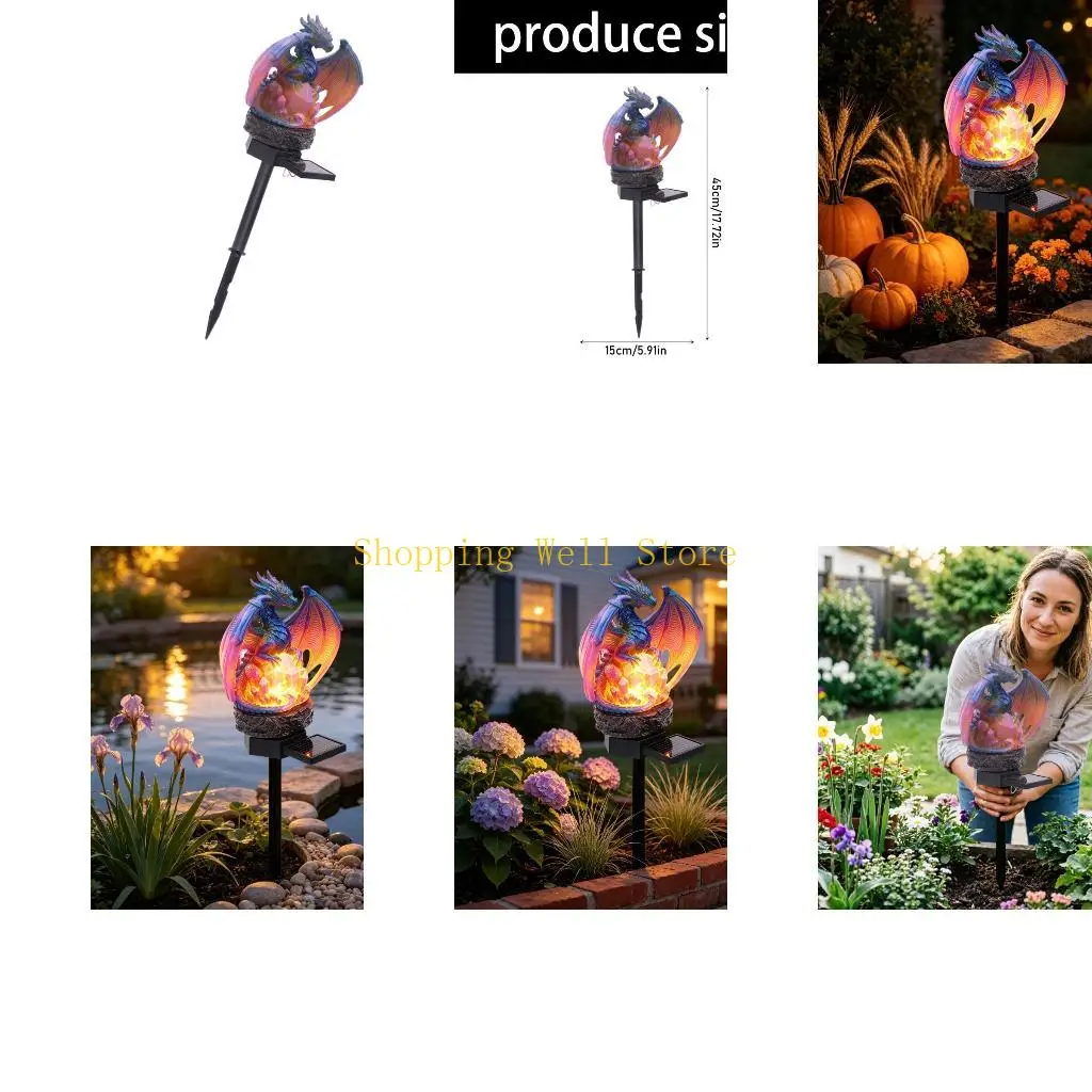 KX4B Resin Dragon Garden Stake Light Statue for Porch Entry and Lawn Accent