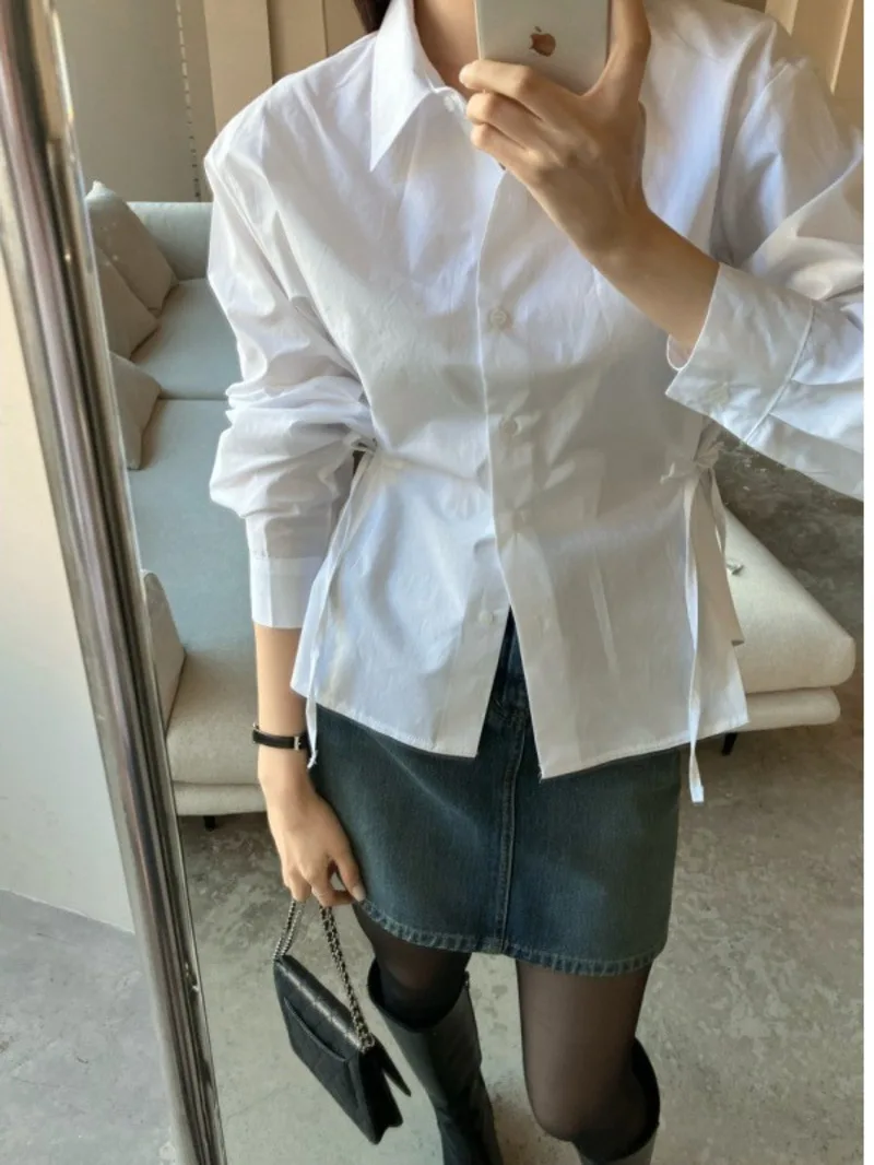 Korean New Fashion 2024 Early Spring Lace Long sleeved Solid Color Shirt Leisure Versatile turndown collar Loose fitting 3DNW