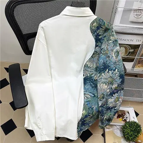 2023 new spring and autumn fried street China-Chic flower patchwork shirt men and women design lovers oversized shirt coat