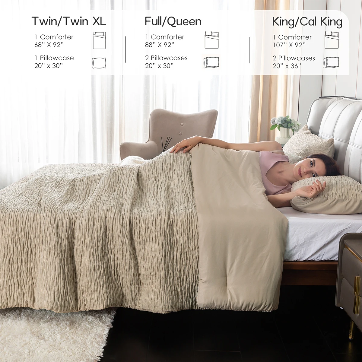 Queen Size Comforter Sets Luxury Reversible Chenille Cotton Bedding ,Kid Child Teen College Dorm  All Season ﻿-Champagne Gold