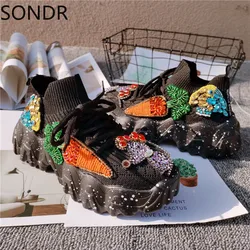 Womens Round Toe Knitted Knits Sneakers Platform High Heel DIY Beads Sequins Rhinestones Shoes Girls Gift Black White NEW  2024