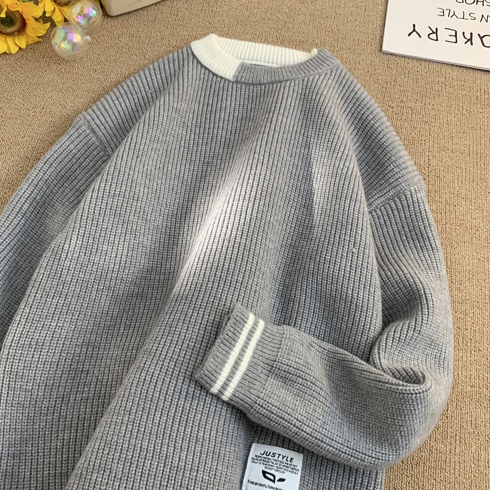 

Pop Men Retro Color Collision Twist Sweater Loose Fit Round Neck Knit Jumper Pullover Autumn Winter Casual 4 Colors Knitted Swea