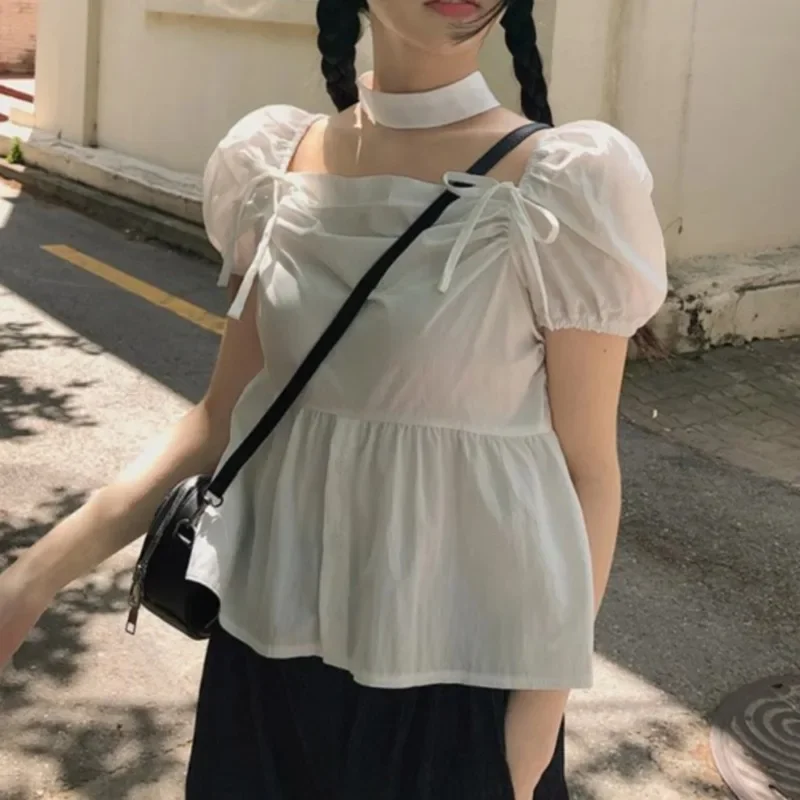 OCEANLOVE Collo quadrato Y2k Camicie e camicette da donna Solido Manica a sbuffo Moda coreana Dolce Faldas Mujer Lace Up Camisas vintage