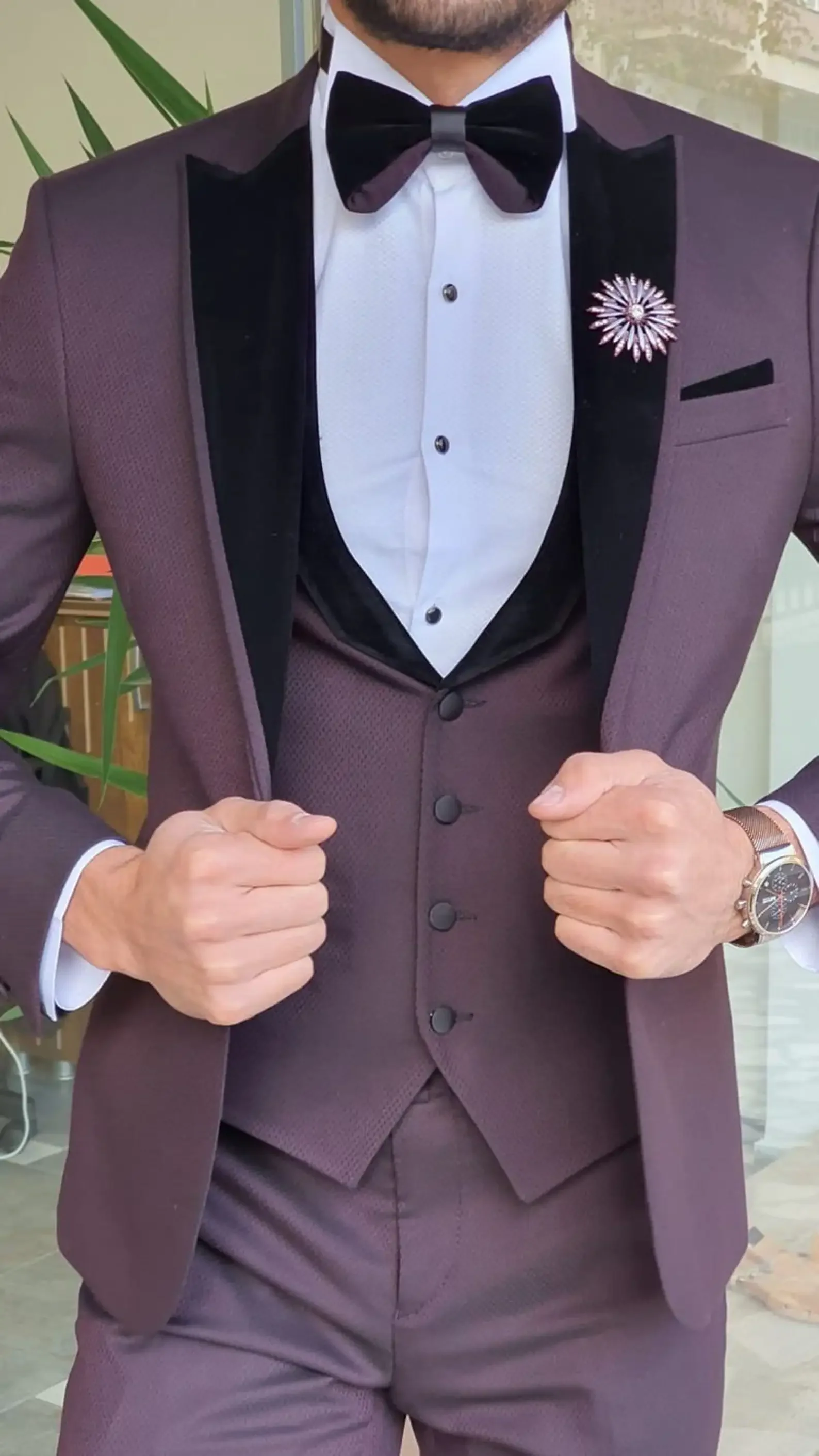 

Men Purple Suit Prom Wedding Dinner Formal Wear Groomsmen Cocktail Party Blazer Sets Three Pieces Jacket+Pants+Vest Costume