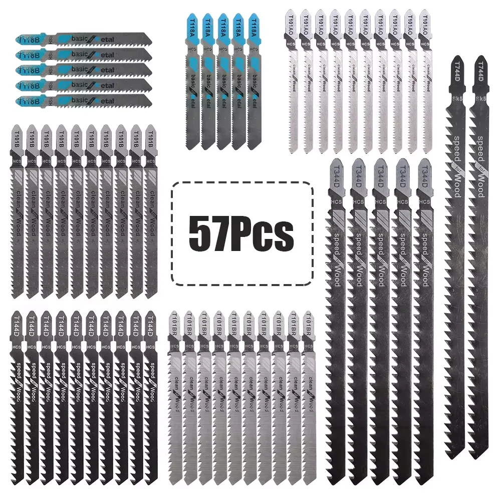 

57pcs Jig Saw Blade Set High Carbon Steel Assorted Blades T-shank Fast Cut Down Jigsaw Blade Jig Saw Cutter Accessories Metal