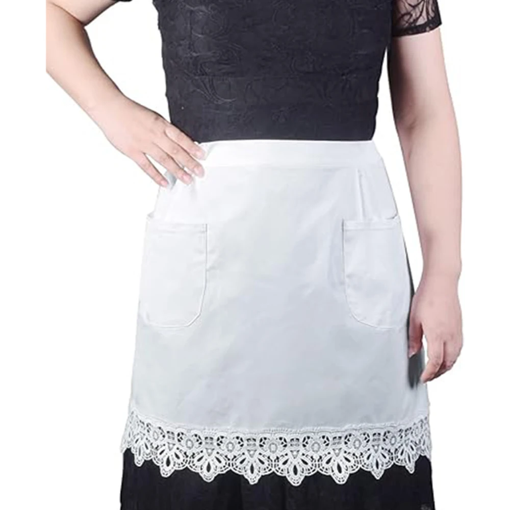 

2pcs solid color half apron female male short section cotton aprons white maid waitress lace waist apron