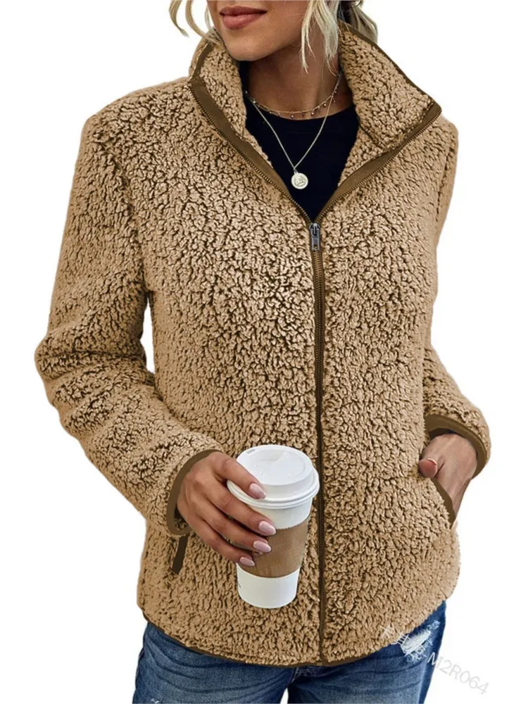 

Autumn Winter Warm Fleece Jackets Coat Fashion Stand Collar Long Sleeve With Pocket Sweatshirt Solid Color Zipper Casual Jacket