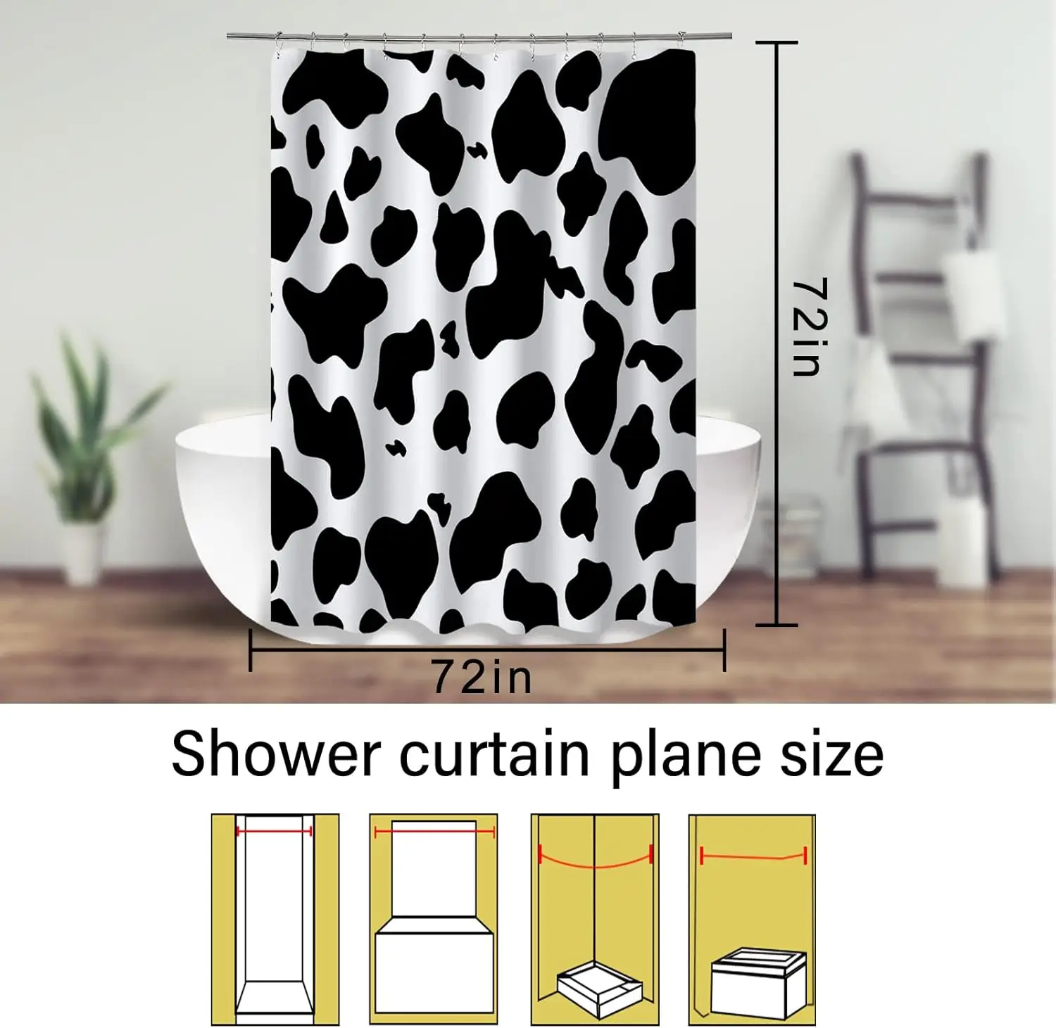 Cow Print Shower Curtain, Black & White Animal Design, Polyester Fabric with Hooks