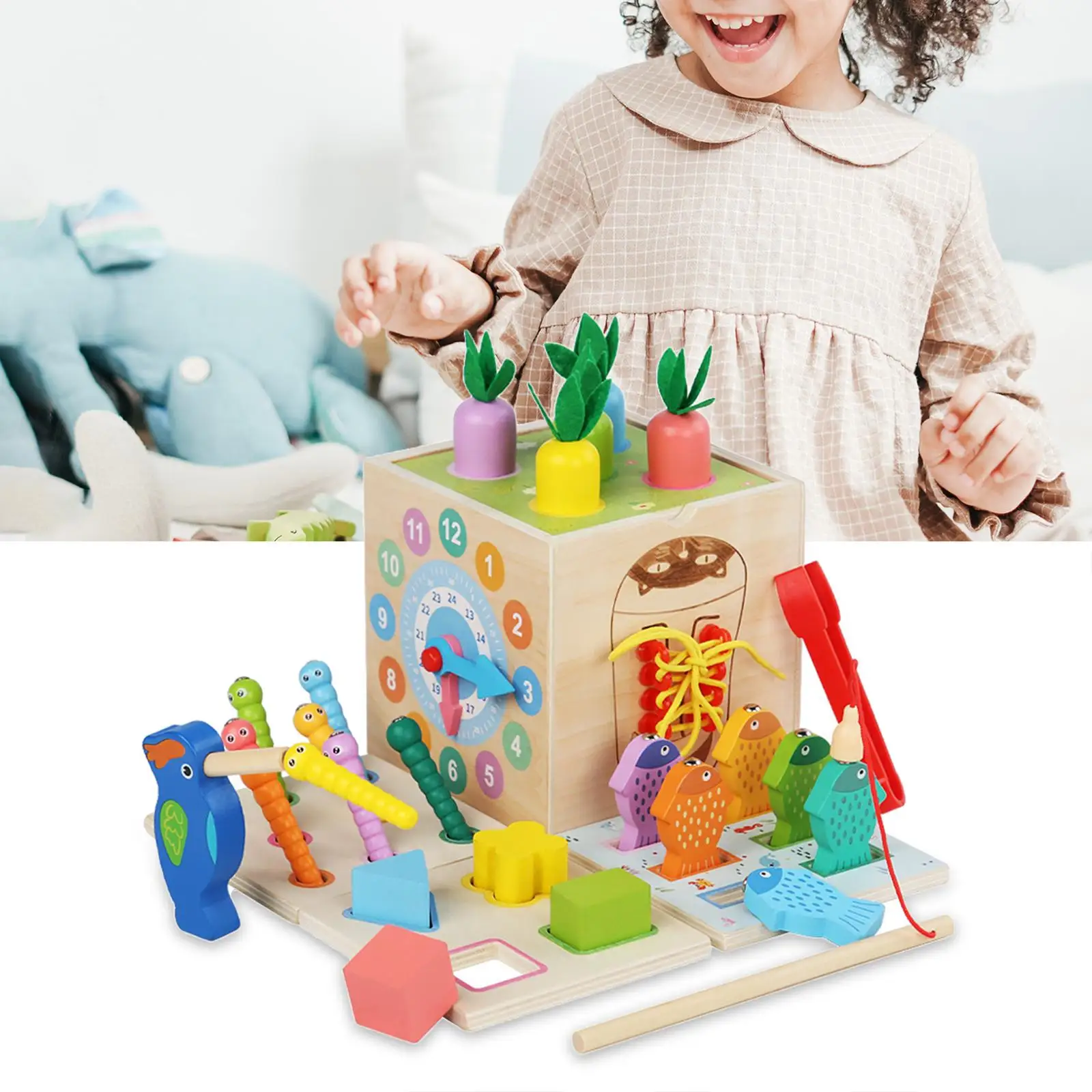 8 in 1 Wooden Activity Baby Toys 12-18 Months Montessori Toys for 1 Year Old Includes Carrot Harvest Shape Sorting