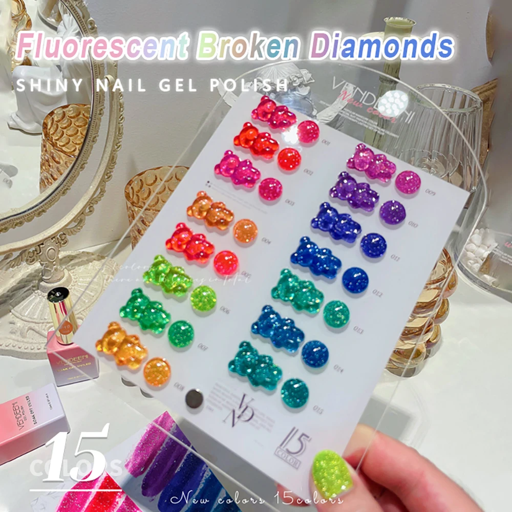 

Vendeeni 15 Color Fluorescent Broken Diamond Gel Nail Polish Glitter Nail Art Gel Varnish Sparkling UV Soak Off Gel Lacquer 15ml