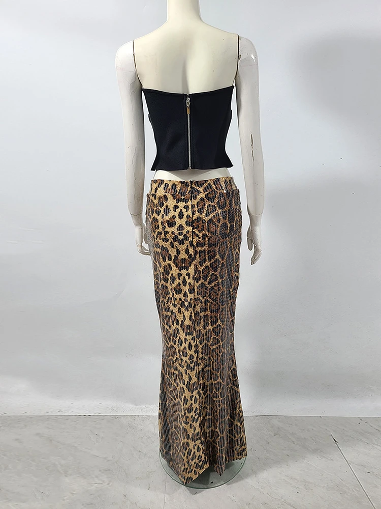 Women Leopard Skirt Two Piece Sets Sexy Black Strapless Corset Top + Sequins Leopard Long Skirts Suits Evening Cocktail Suits view 5