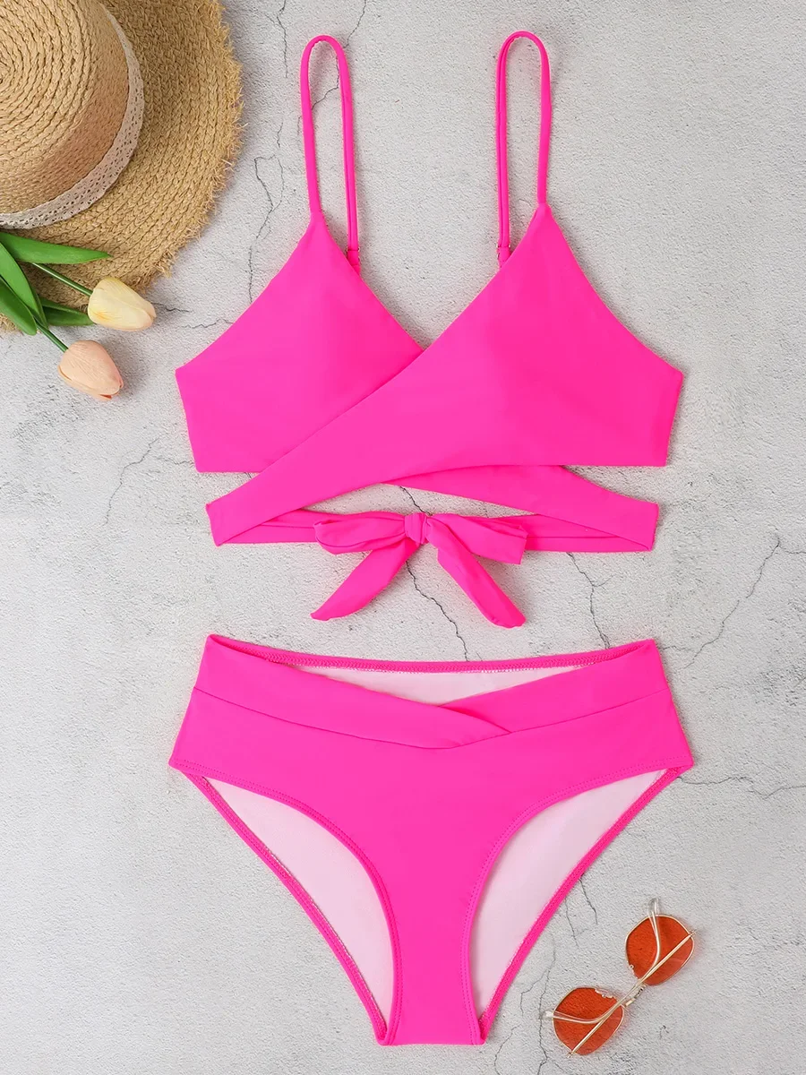 Conjunto de Bikini cruzado, traje de baño Sexy para mujer, traje de baño liso con tiras, bañadores para mujer, traje de baño para nadar, ropa de playa de verano 2024