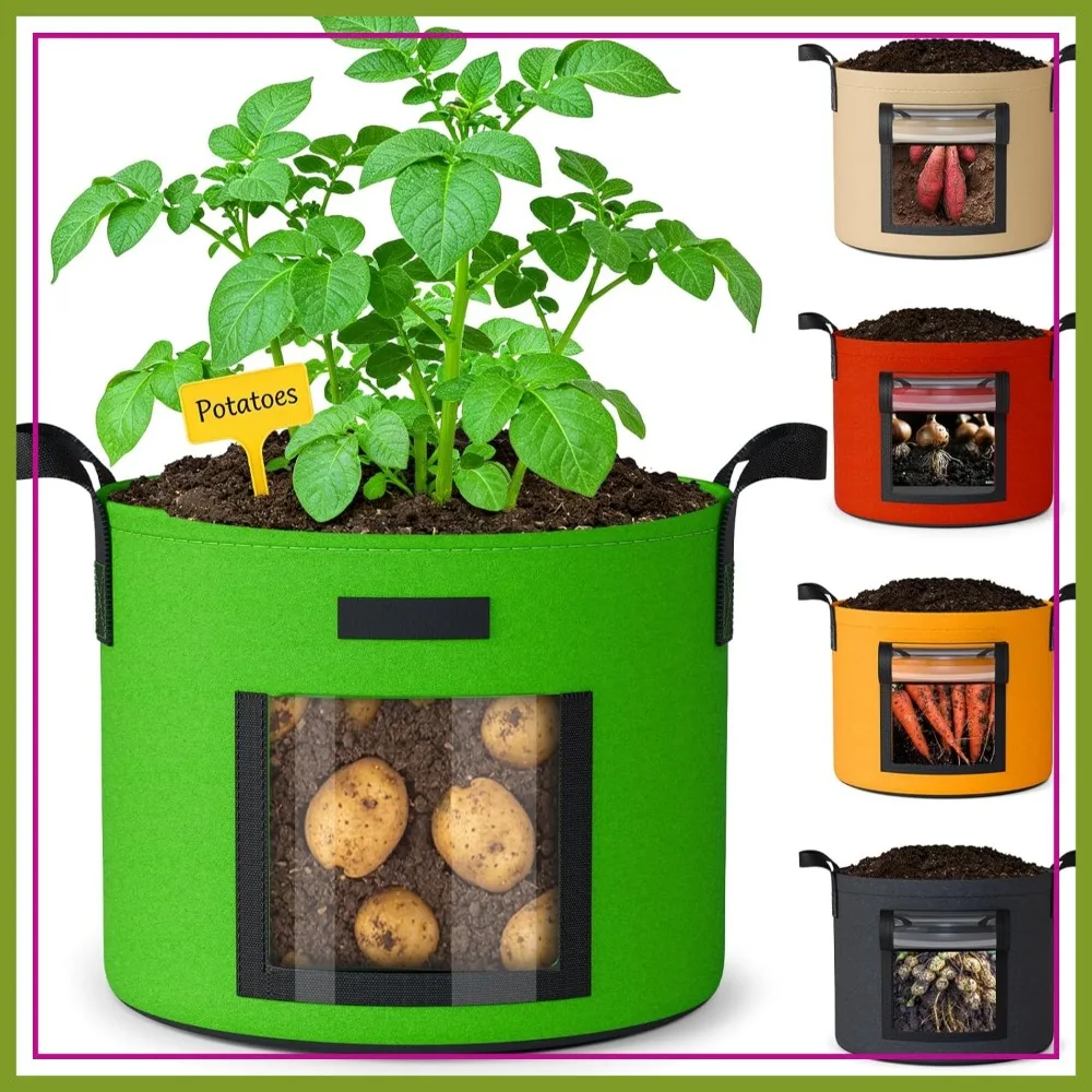 

10 Gallon Potato Grow Bags: 5 Pack Heavy Duty Thickened Nonwoven Fabric Pots with Harvest Window & Handles
