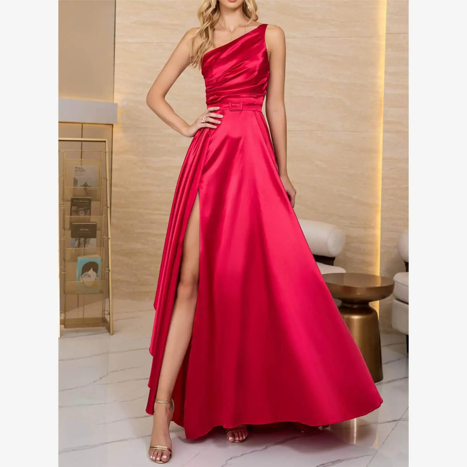 원숄더 하이웨이스트 롱 슬릿 새틴 파 드레스 A라인 이브닝 드레스 싱글 스트랩 플로어 길이 스커트