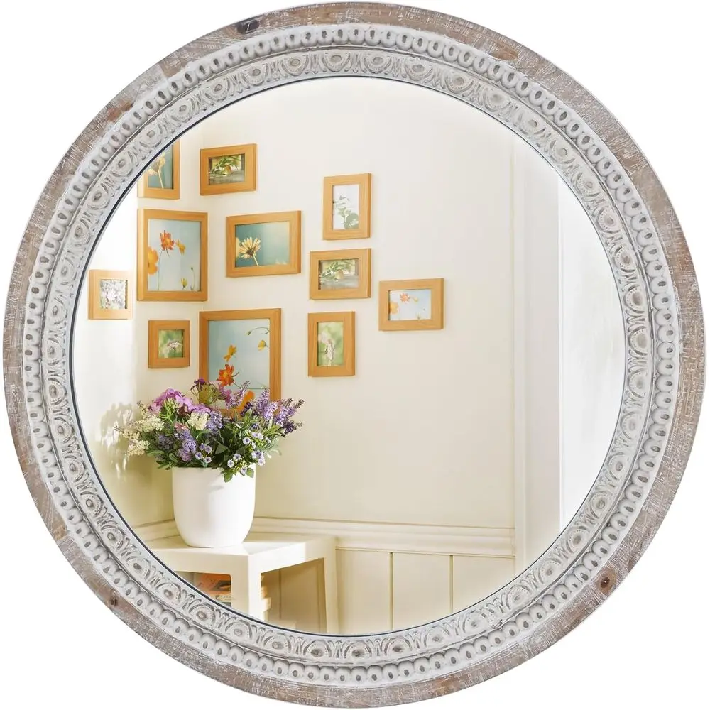 

24 Round Wood Decorative Circle Mirror with Beaded Edge, Boho Style, Suitable for Rustic Vanity, Bathroom, Living Room, and Bedr