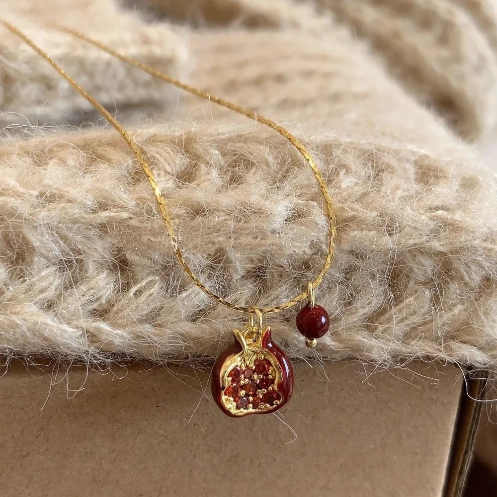 Trendy Red Pomegranate Pendant Necklace Cute Sweet Fruit Earrings Delicate Minimalist Clavicle Choker Daily