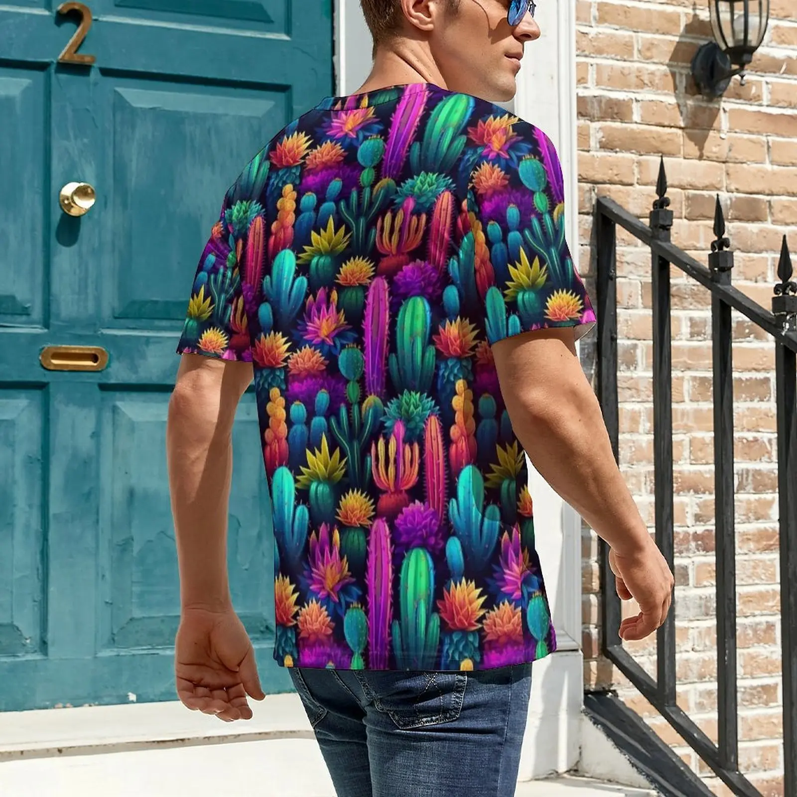 Neon Rainbow Desert Cactus Bloom T Shirt For Men Design T Shirts Summer Trendy Tops Short Sleeve Streetwear Oversize Tee Shirt