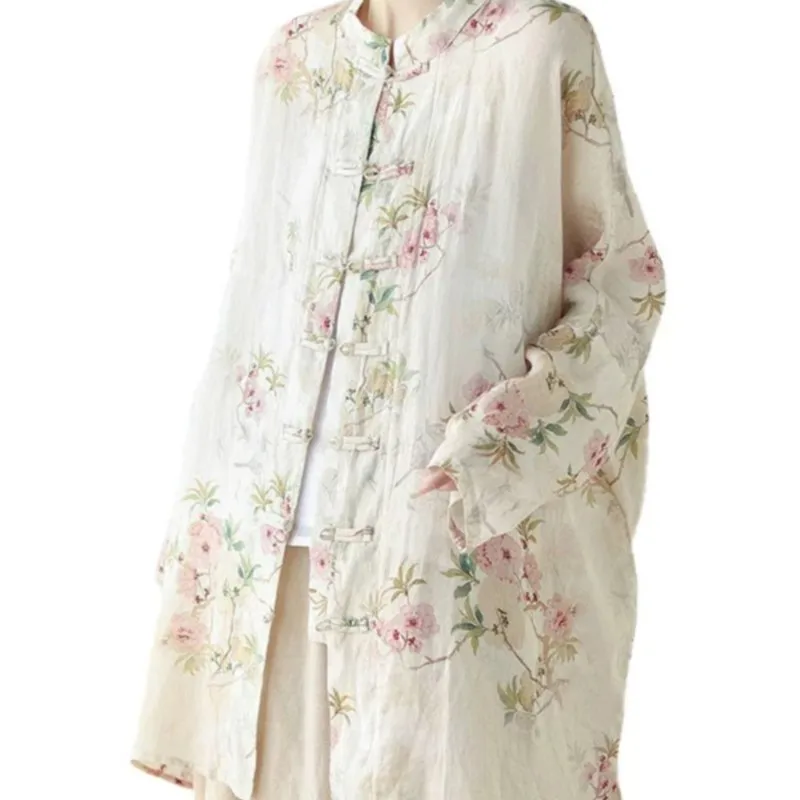 Chemise boutonnée à imprimé floral de style chinois pour femmes, haut cardigan mi-long, col montant rétro, nouveau