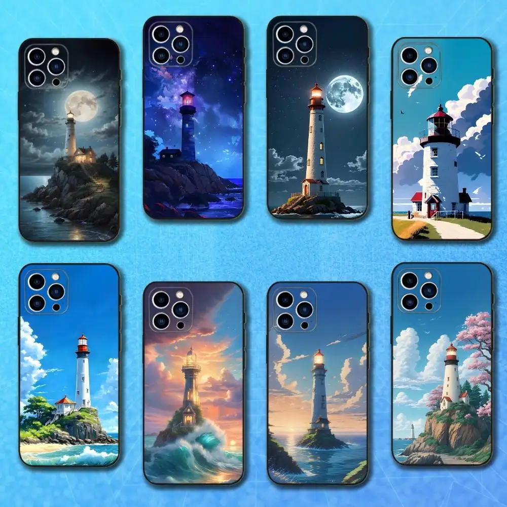 

Cartoon Art Lighthouse Phone Case For iPhone 17,16,15,14,13,12,11 Plus,Pro Max,XS,X,XR,SE,Mini,8,7,Soft Silicone Black Cover