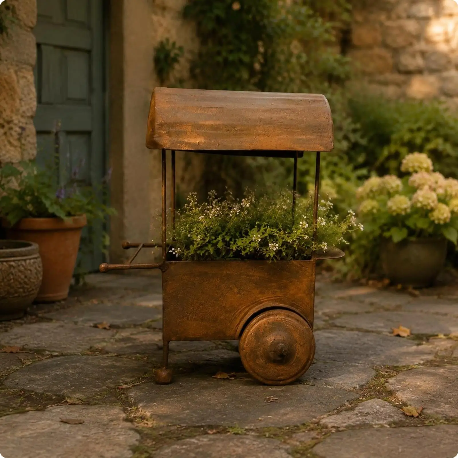 Distressed Metal Wagon Planter Vintage Rustic Iron Planter Compact Size