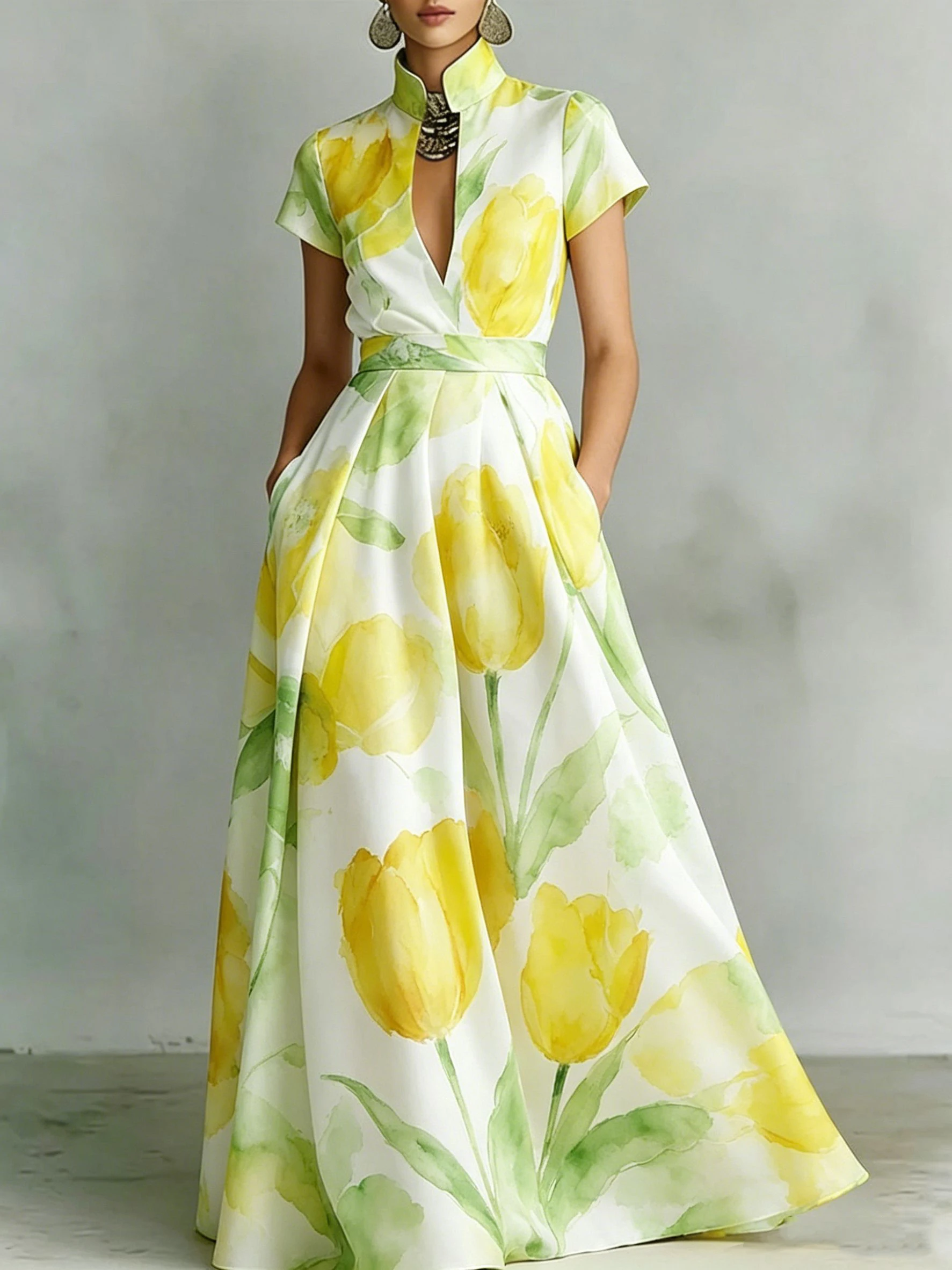 Elegantes Aquarell-Gelbes Tulpen-Druckkleid Klassisch Schickes Vintage Ärmelloses A-Linien Midikleid für Formelle und Lässige Anlässe
