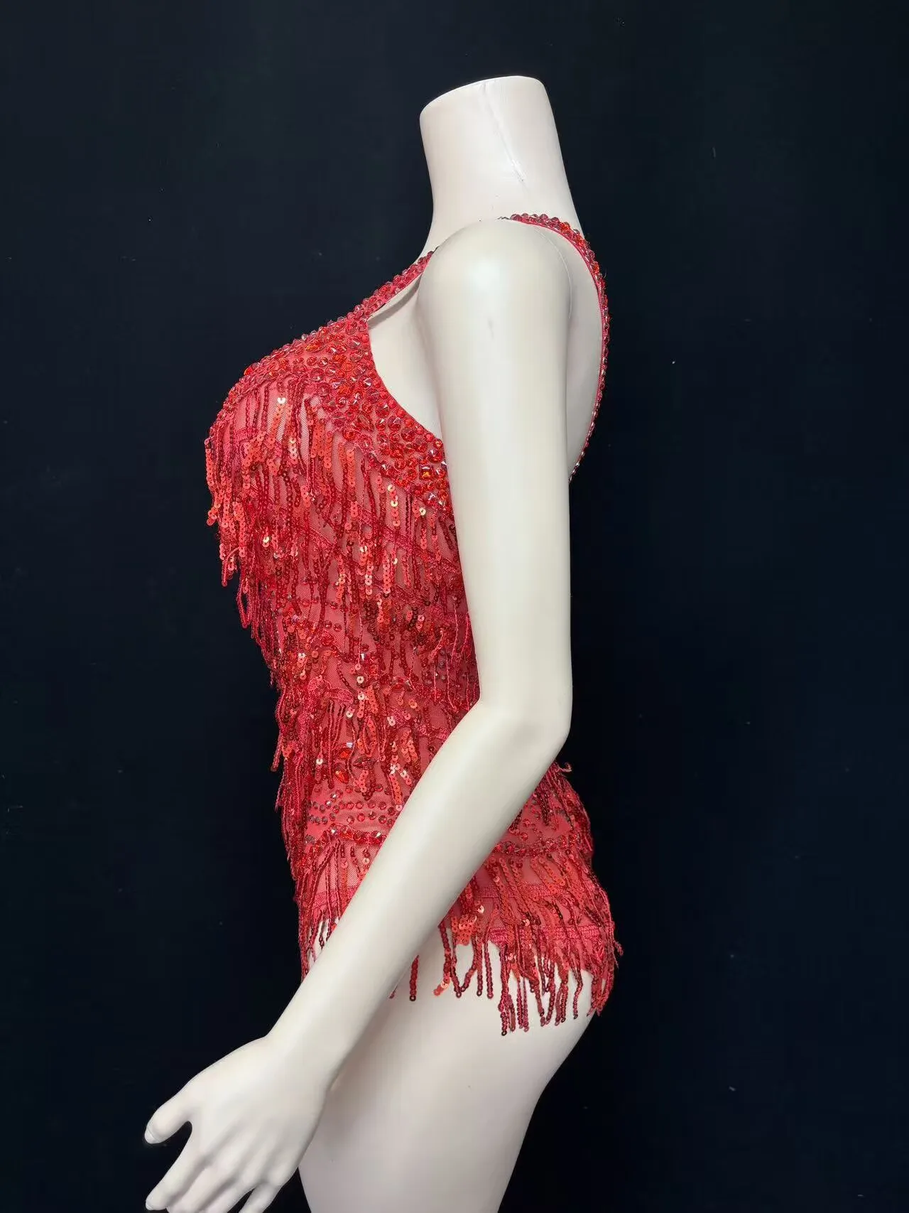 Body con nappe con strass rossi scintillanti e paillettes, da donna, sexy, trasparente, per spettacoli, feste da ballo, costumi da palcoscenico
