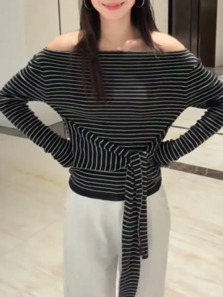 

Korean Sle Lazy Stripe One oulder Banded Top plus Size Slimming Versatile Autumn New Arrival Women's Faion Inner Wear