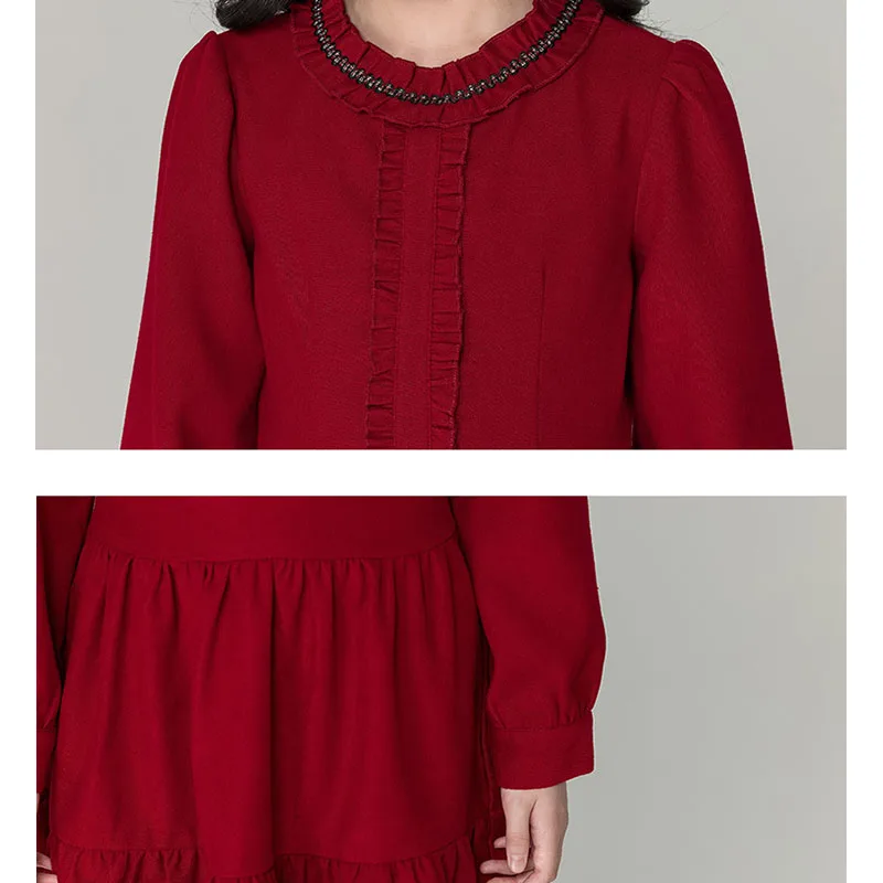 فستان توين خريف شتاء 2025 فساتين سروال قصير أحمر للفتيات الصغيرات ملابس أطفال للبنات مقاس 10-12 7-8 14-16 9 11 13 15 سنة