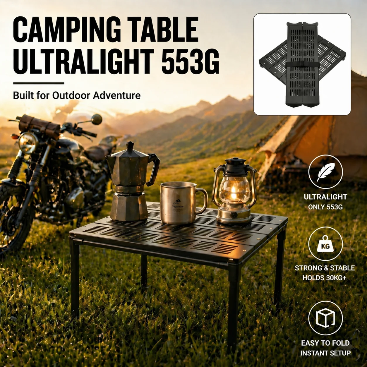 Taktischer Campingtisch & Klapptisch, Ultraleichter Aluminium Falttisch. Kompaktes, robustes Outdoor Equipment für Trekking, Motorrad, MTB, Angeln & Survival. Tragbarer Minitisch, leicht aufzubauen