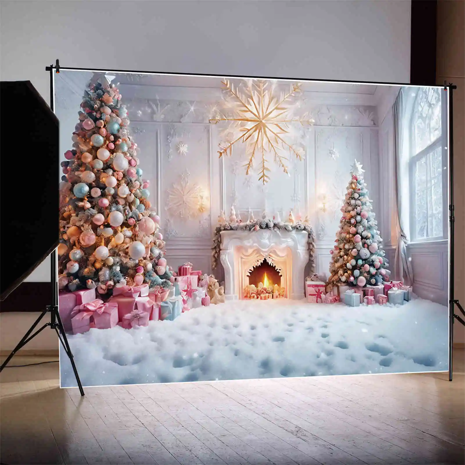 MOON.QG Christmas Living Room Backgrounds Ornaments Tree Snow Fireplace Frozen Backdrops Party Decoration Photozone Supplies