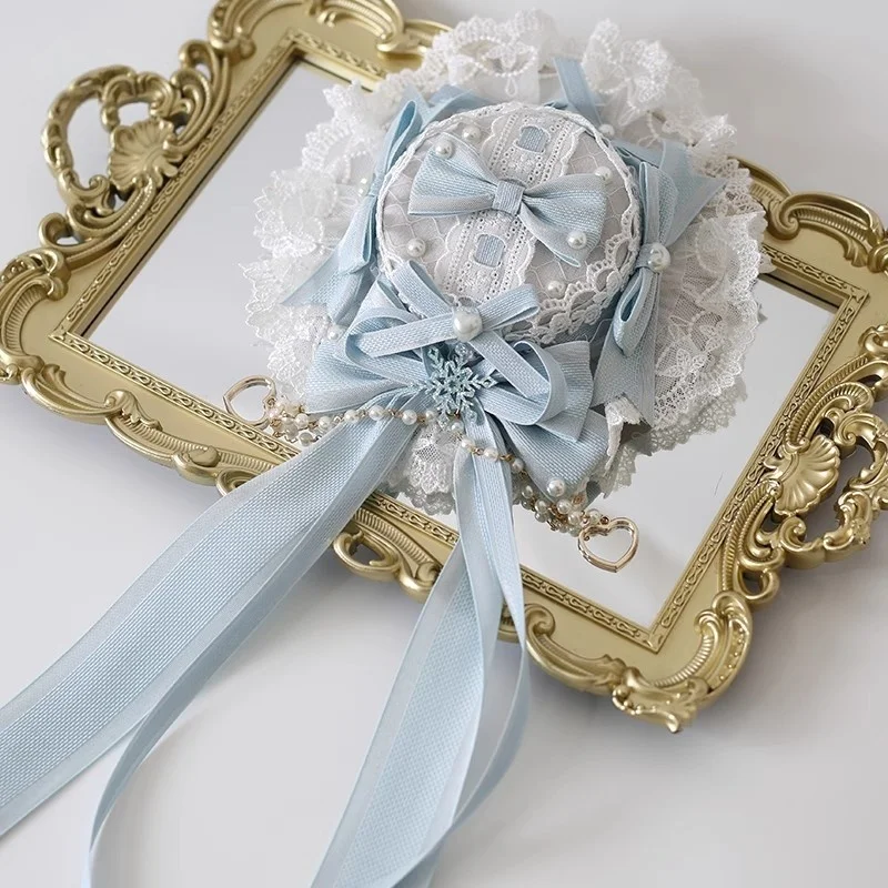 크리스마스 핸드메이드 하늘색 로리타 레이스 리본 작은 모자 코스프레 스윗 캔디 걸 플랫 햇 KC 아이스 블루 탑 햇 액세서리