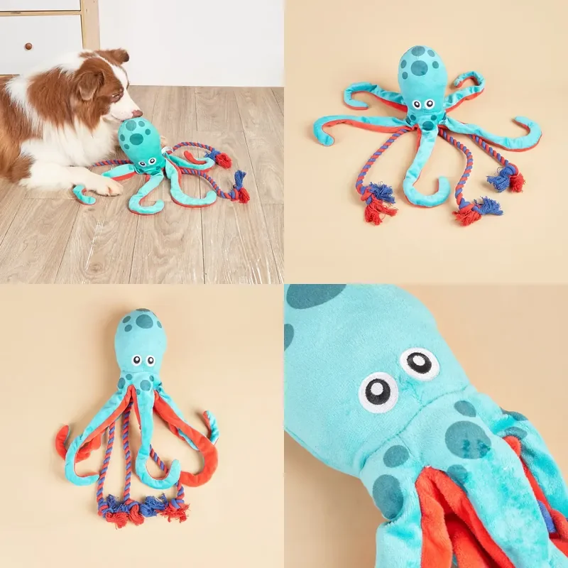 Eco-Friendly Cartoon Pet Plush Toy Octopus Cotton Rope 2-in-1 Cleaning Teeth Grinding Dog Toys