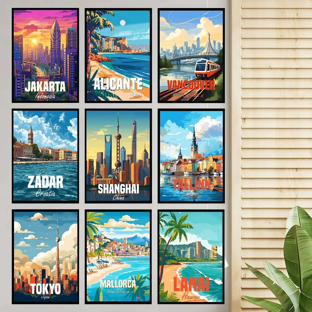 Tokyo Fjords Zadar Perth Ibiza Cadiz Java City Travel Poster Self-adhesive Art Room Entrance Restaurant Wall Decor Art Painting