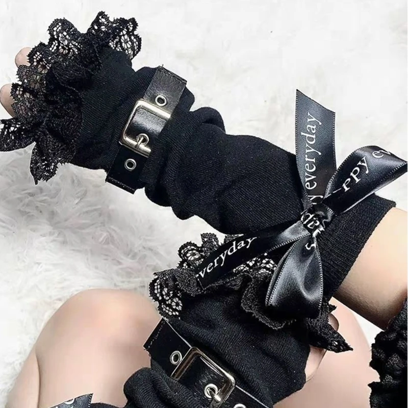 Luvas de malha elástica sem dedos para mulheres, Luvas de renda Punk Bowknot para adolescentes, Masquerade, Festa de Carnaval, Adereços de reunião, 2000s