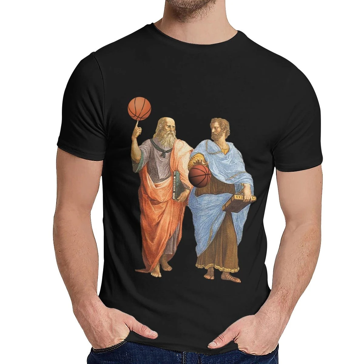 Men Cotton T Shirt Men Plato And Aristotle In Epic Basketball Match Slim Graphic Cartoon T-Shirt Funny Tshirt Tees Harajuku