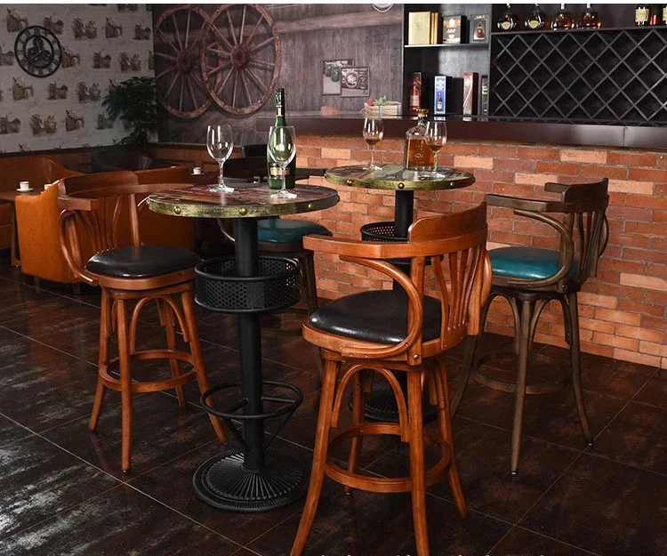 Bar Stool American Retro High Stool Home Bar Chair Rotatable Bar Solid Wood Table and Chair Light Luxury Front Desk Armchair