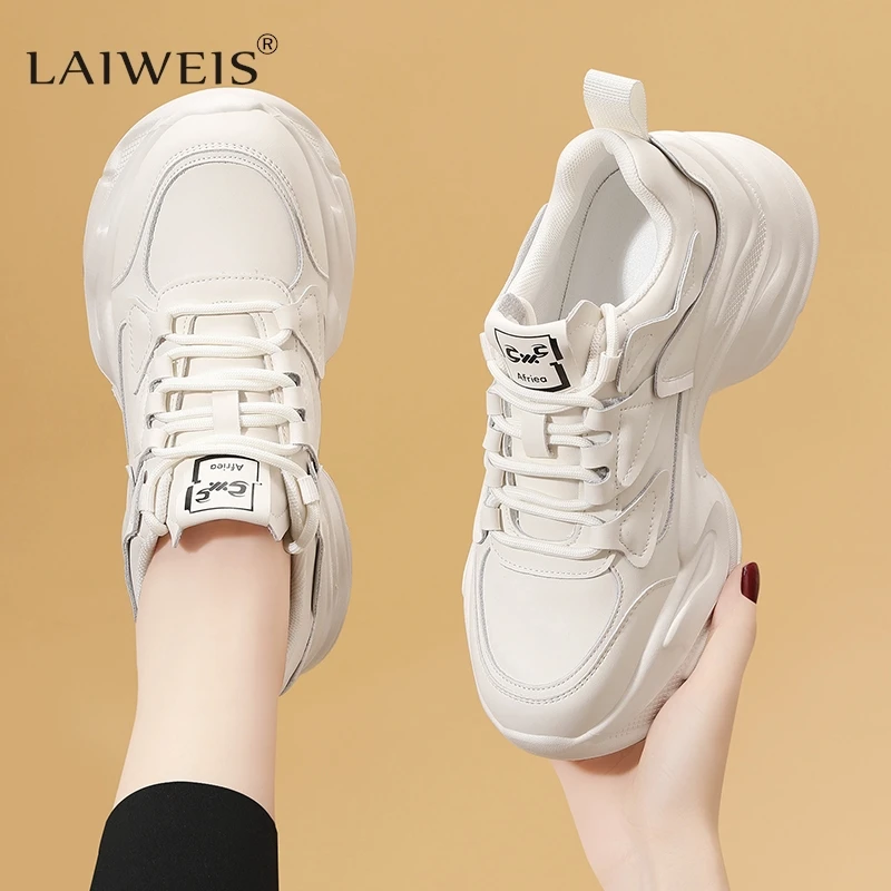 original high quality luxury Women's Black Dad Shoes 2023 New Autumn Winter Thick Sole Increased Genuine Leather Casual sneakers