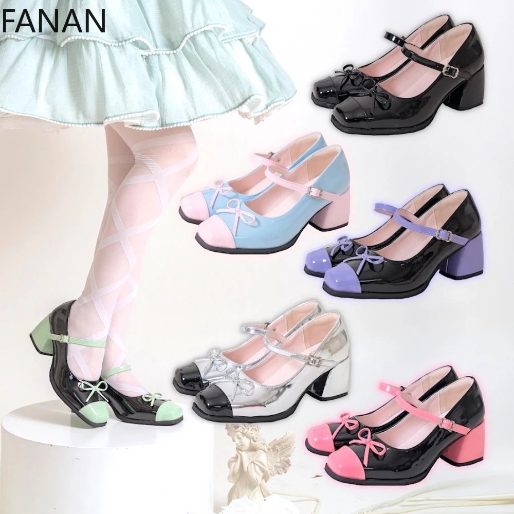 

Lolita Mary Jane Shoes for Women's Elegant Mid-Heel Bow Leather Shoes Black Classic Comfortable Pumps Summer Japanese Shoes