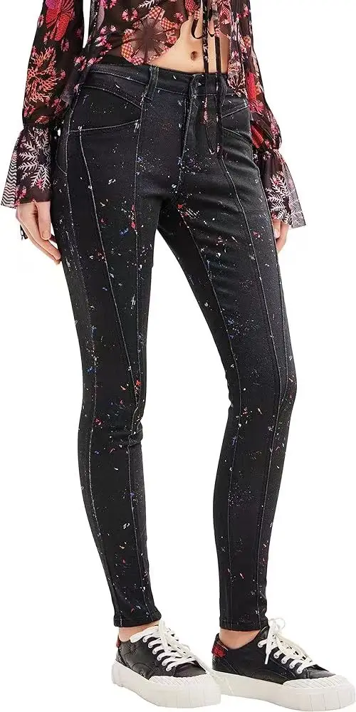 Foreign trade original single Spanish new personality paint point splash-ink graffiti fashion black stretch jeans