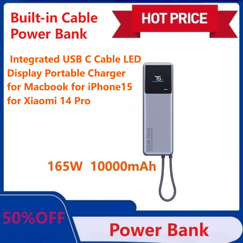 

165W Power Bank 10000mAh PB1165MI Integrated USB C Cable LED Display Portable Charger for Macbook for iPhone15 for Xiaomi 14 Pro