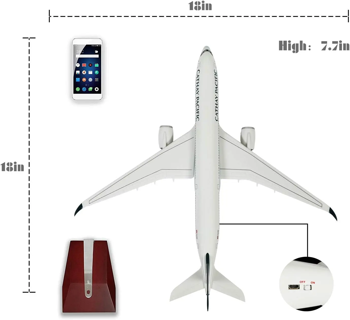 1:142 Airplane Model 47CM Plane Toy 350 Cathay Pacific Plane Model with LED Light(Touch or Sound Control) for Decoration or Gift