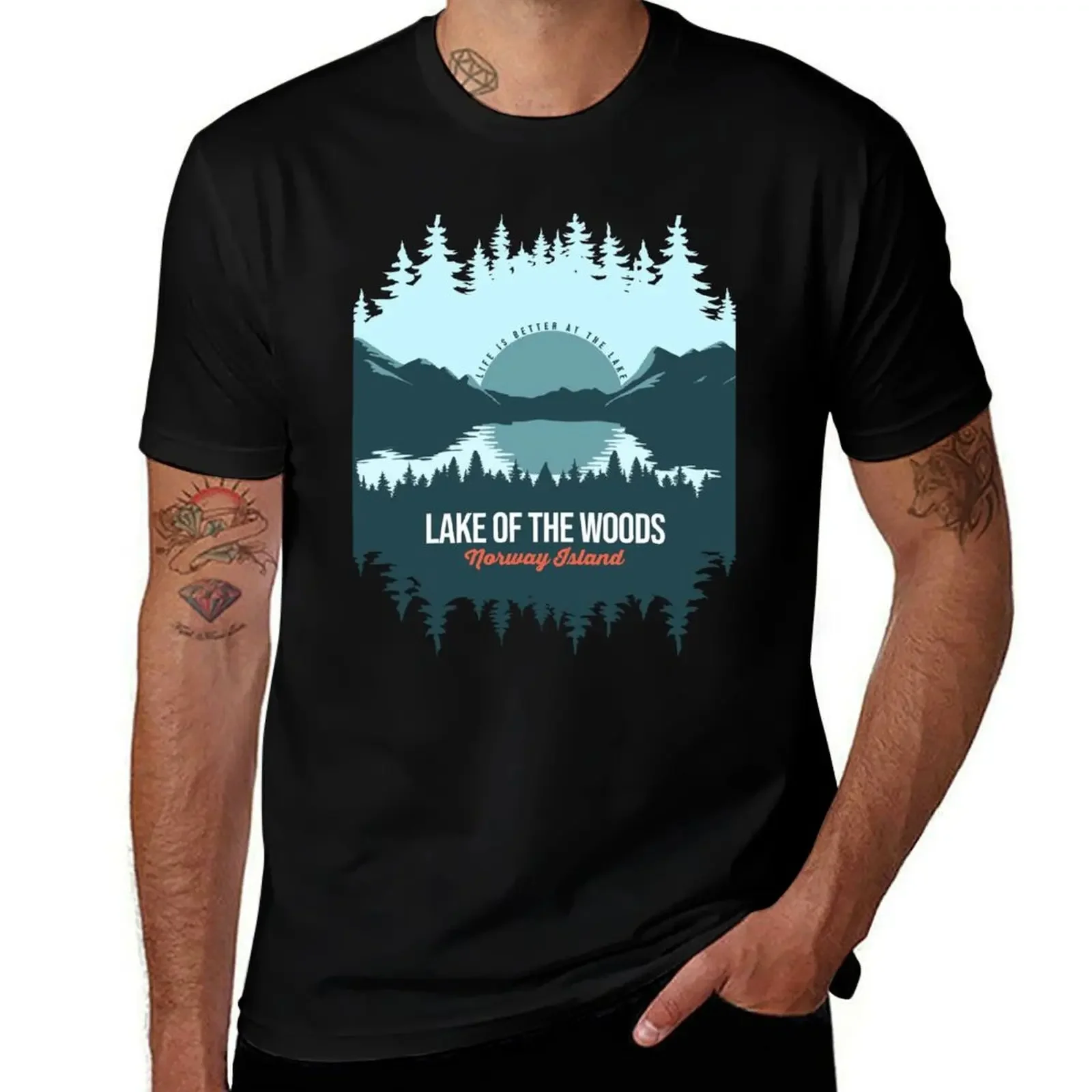 Lake Of The Woods Norway Island Lake With Mountain And Pine Tree T-Shirt sublime plus size tops shirts men