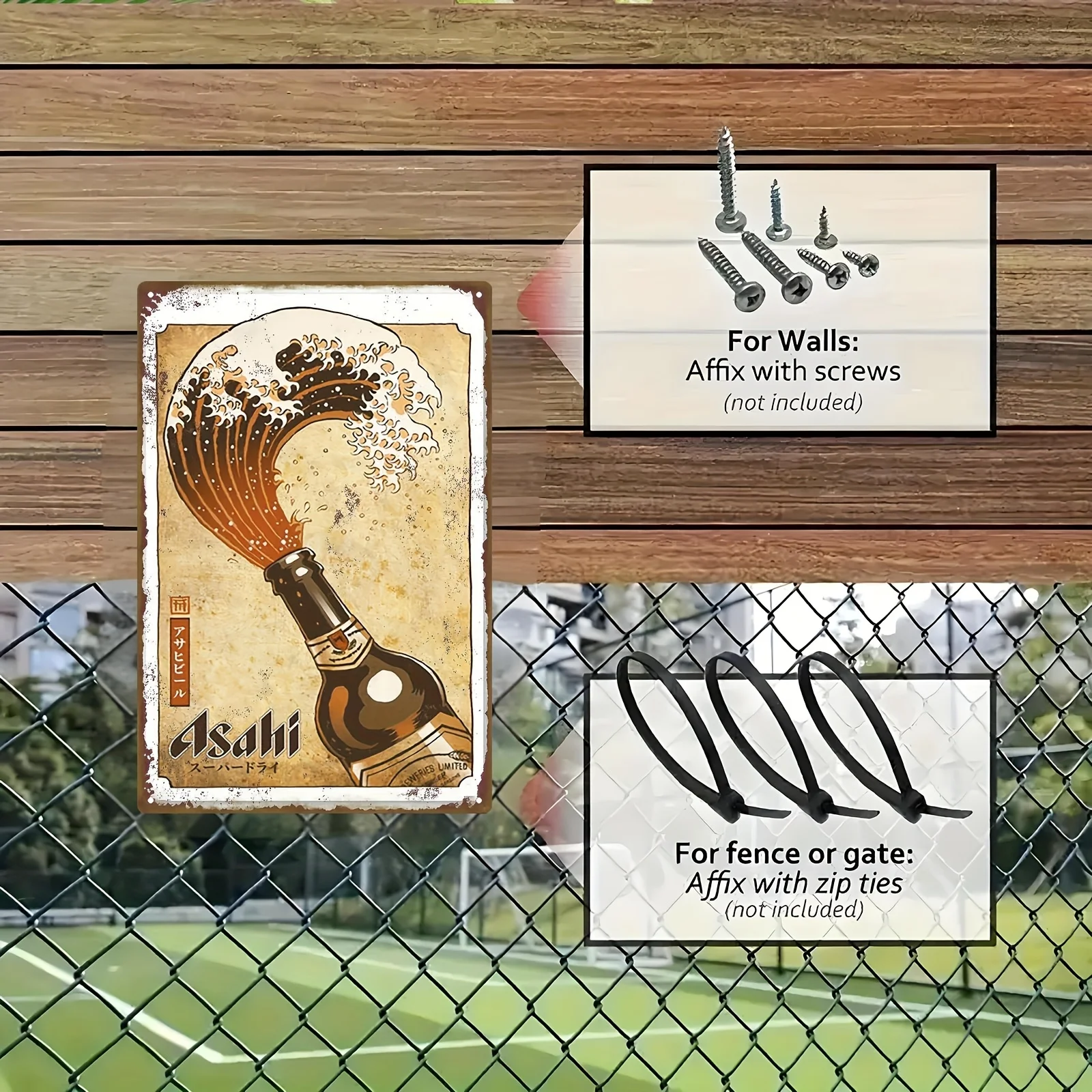 2D Flat, 1pc Vintage Metal Sign | Iron Art Hanging Picture with Waves and Japanese Asahi Beer Bottle | 20*30cm/8*12inch | Suitab