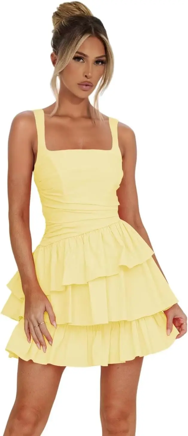 

Satin Tiered Short Homecoming Dress with Spaghetti Straps Square Neck Mini Prom Graduation Cocktail Dress for Women above Knee
