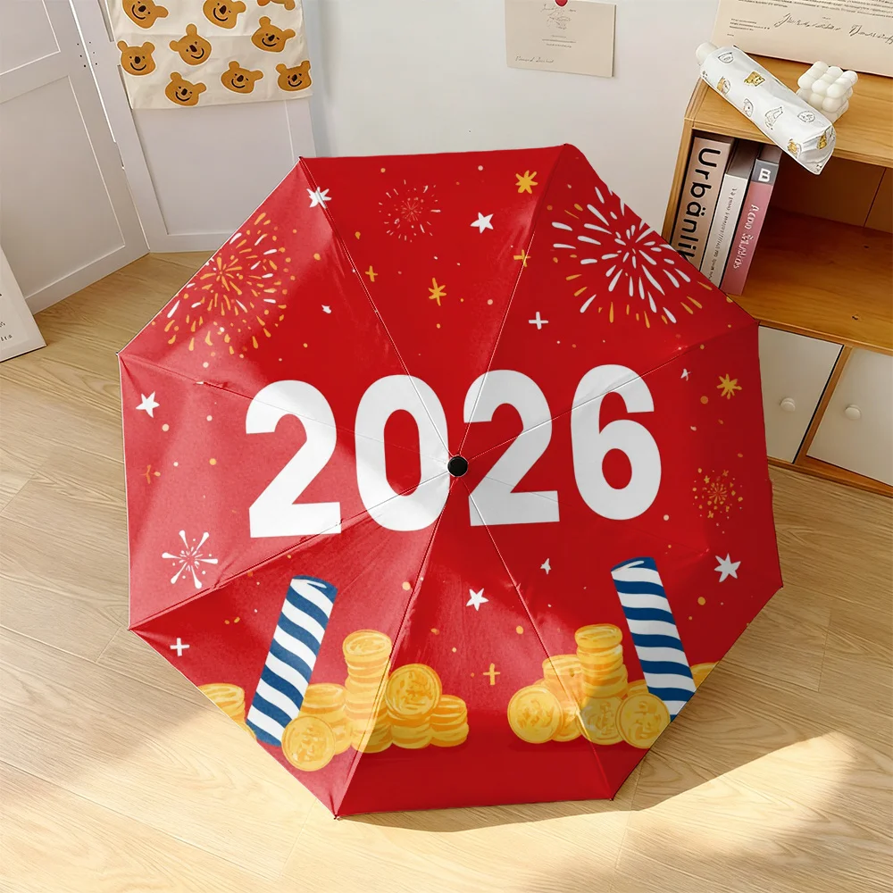 1 Festive Folding Umbrella | Durable Iron and Pongee Canopy with 2D Fireworks and Coins Print, Ideal for 2026 New Year Celebra - view 4