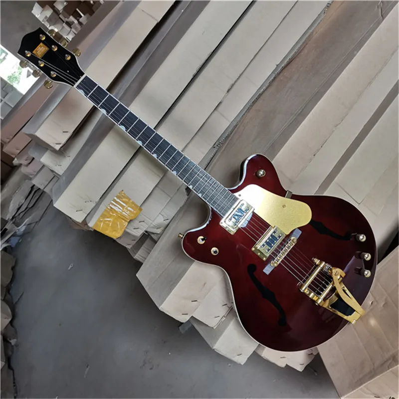 Semi-Hollow Body Wine Red Electric Guitar with Golden Hardware,Offer Customize