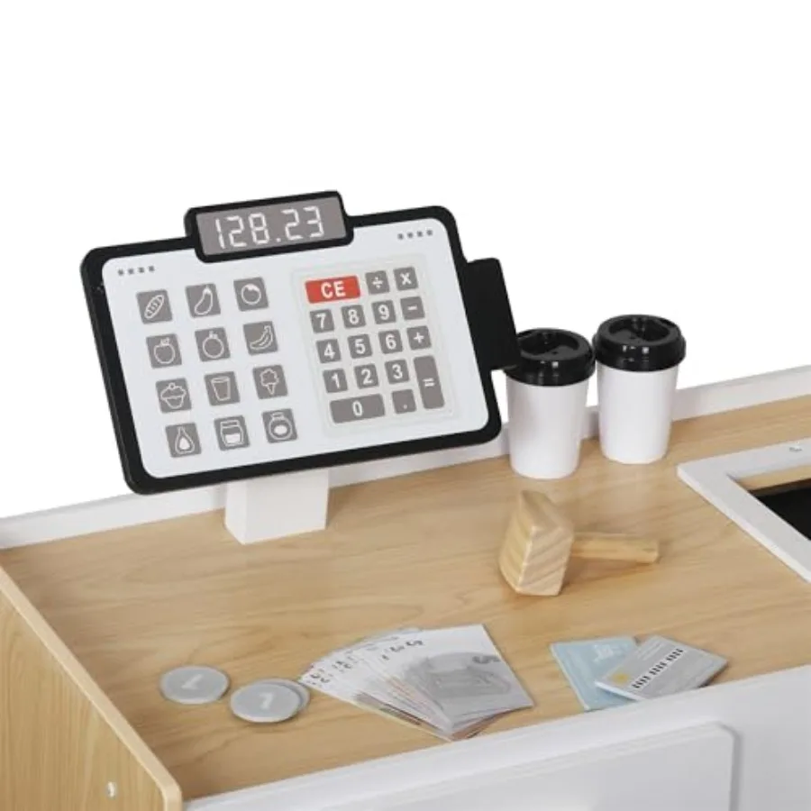 Kinder-Lebensmittelgeschäft-Spielset, Spielgeschäft für Spielzeug und Supermarkt-Einkaufswagen aus Holz mit Spielzeug-Registrierkasse, Spielgeld, Blackboa