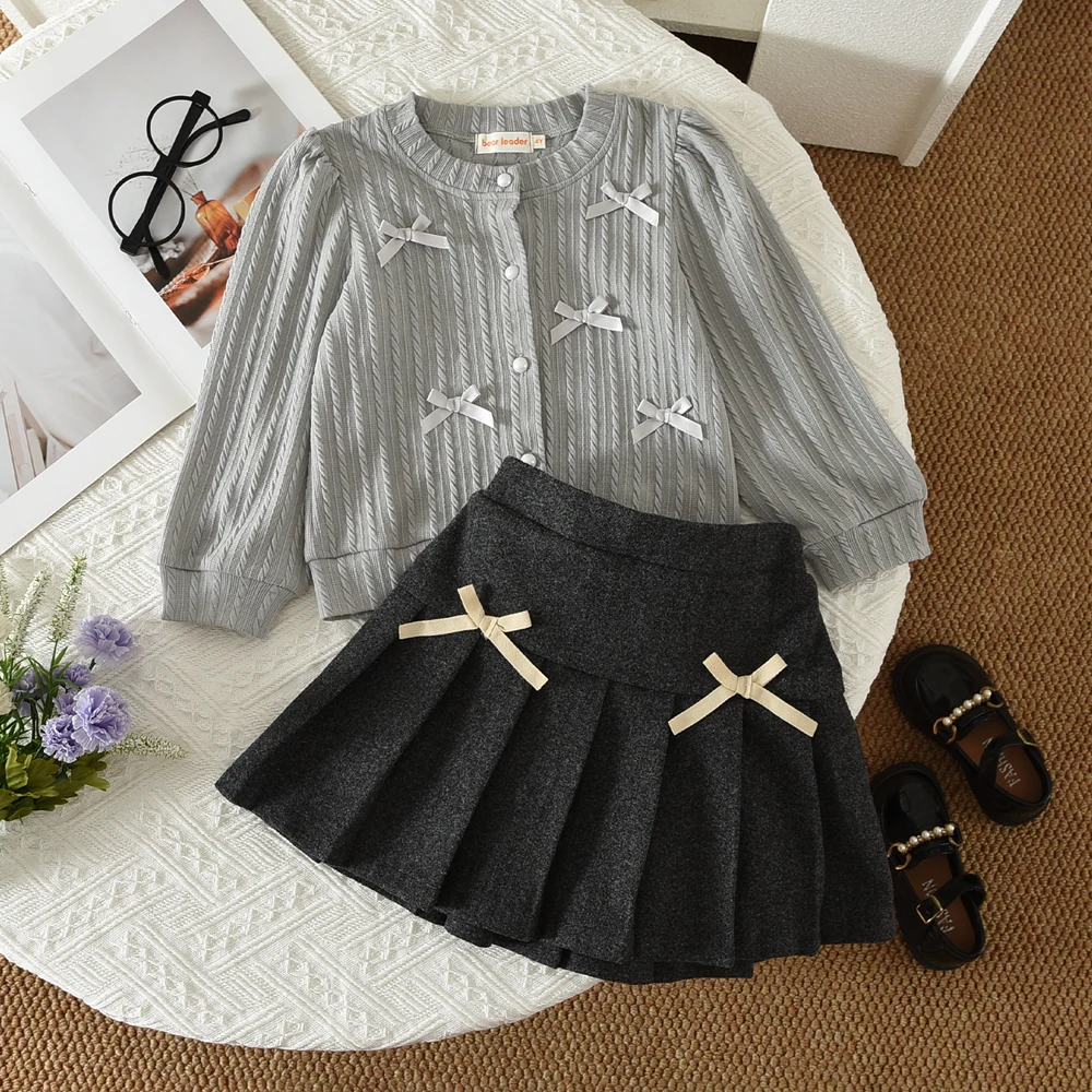 2026 Fashion Casual Children's 2Pcs Set Korean Grey Long Sleeved Autumn Girls' Clothing Bow Single Breasted Top + Short Skirt