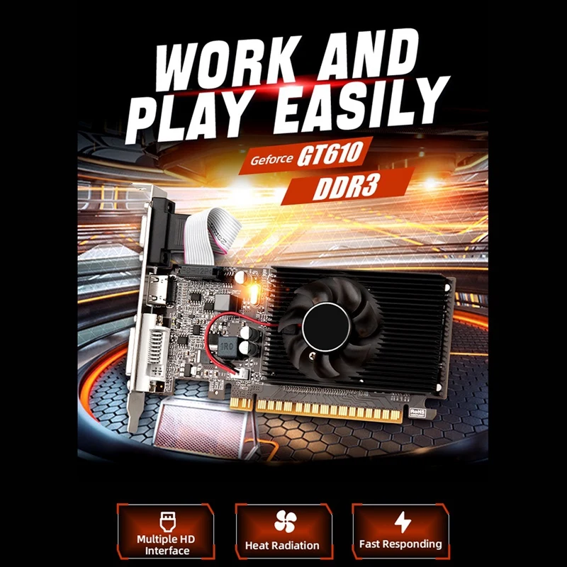 GT610 Graphics Card DDR3 True 2GB 810MHZ Computer Video Card PCI-E 16X -Compatible+VGA+DVI Low Noise for Desktop PC-A09I