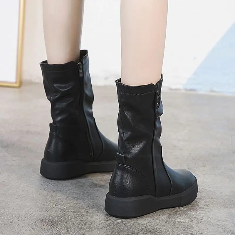 Footwear Half High Mid Calf Ladies Boots Flat Black Shoes For Women Round Toe Chic Point Hot Promotion Fashion 2024 Demi-season